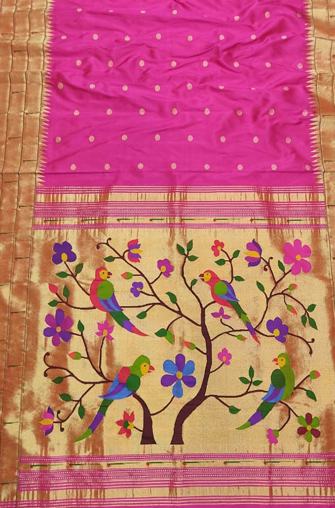 Pink Handloom Paithani Pure Silk Triple Muniya Border Parrot And Floral Design Saree