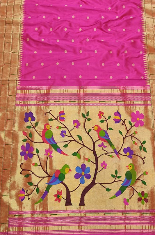 Pink Handloom Paithani Pure Silk Triple Muniya Border Parrot And Floral Design Saree - Luxurion World