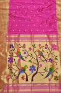 Pink Handloom Paithani Pure Silk Triple Muniya Border Parrot And Floral Design Saree - Luxurion World