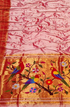 Pink Handloom Paithani Pure Silk Triple Muniya Border Parrot & Flower Design Saree - Luxurion World