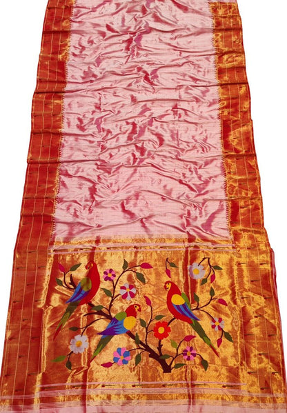 Pink Handloom Paithani Pure Silk Triple Muniya Border Parrot & Flower Design Saree - Luxurion World