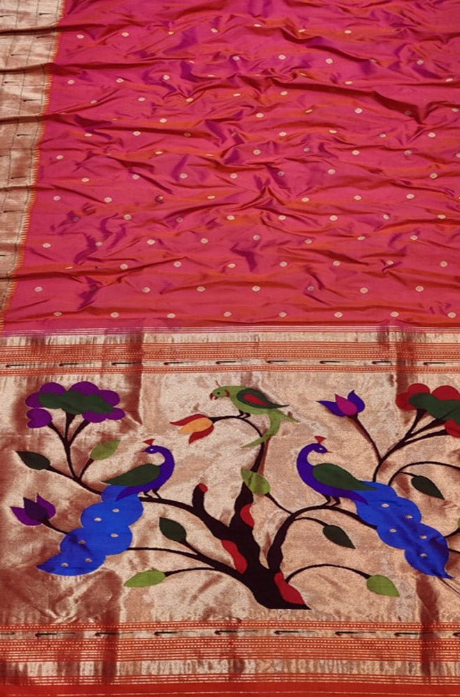 Pink Handloom Paithani Pure Silk Triple Muniya Border Peacock Design Saree - Luxurion World