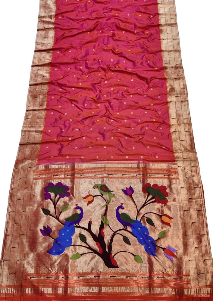Pink Handloom Paithani Pure Silk Triple Muniya Border Peacock Design Saree
