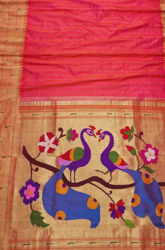 Pink Handloom Paithani Pure Silk Triple Muniya Border Peacock Design Saree - Luxurion World