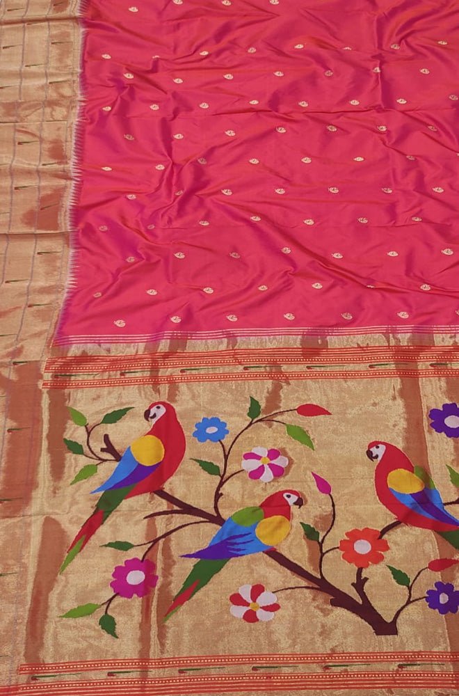 Pink Handloom Paithani Pure Silk Triple Muniya Border Saree - Luxurion World