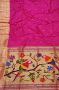 Pink Handloom Paithani Pure Silk Triple Muniya Border Saree - Luxurion World