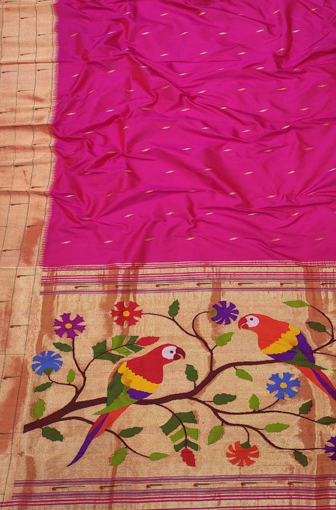 Pink Handloom Paithani Pure Silk Triple Muniya Border Saree - Luxurion World