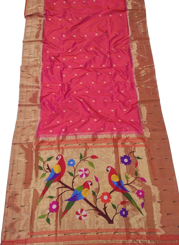 Pink Handloom Paithani Pure Silk Triple Muniya Border Saree