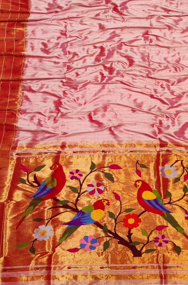 Pink Handloom Paithani Pure Silk Triple Muniya Border Saree - Luxurion World