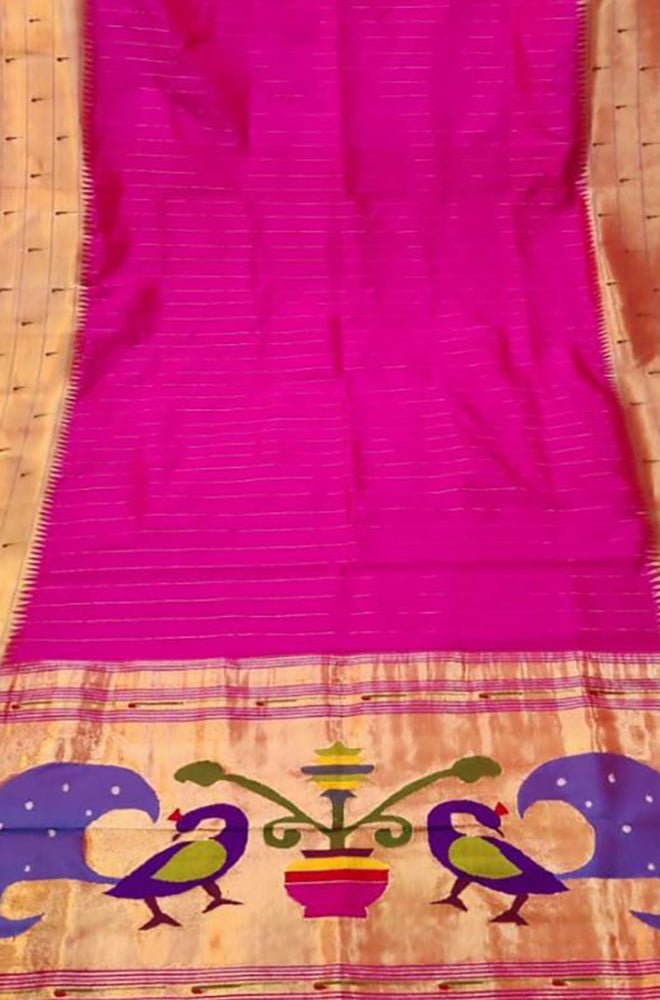Pink Handloom Paithani Pure Silk Tripple Muniya Dupatta - Luxurion World