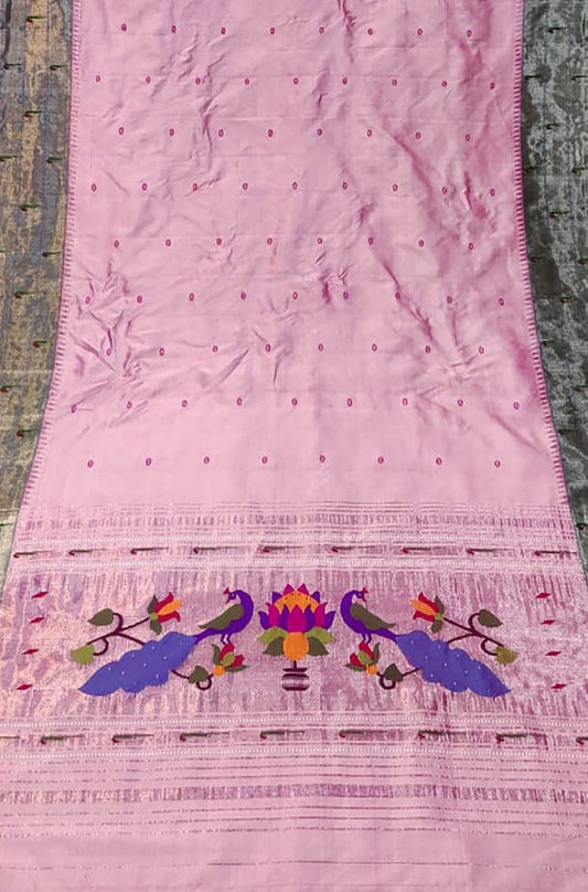Pink Handloom Paithani Pure Silk Tripple Muniya Dupatta - Luxurion World