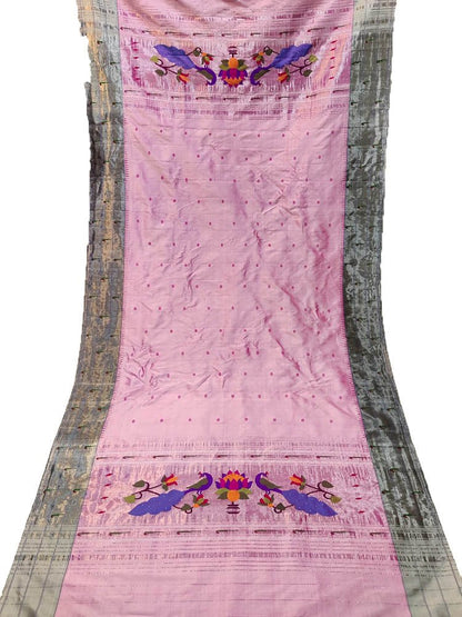 Pink Handloom Paithani Pure Silk Tripple Muniya Dupatta - Luxurion World