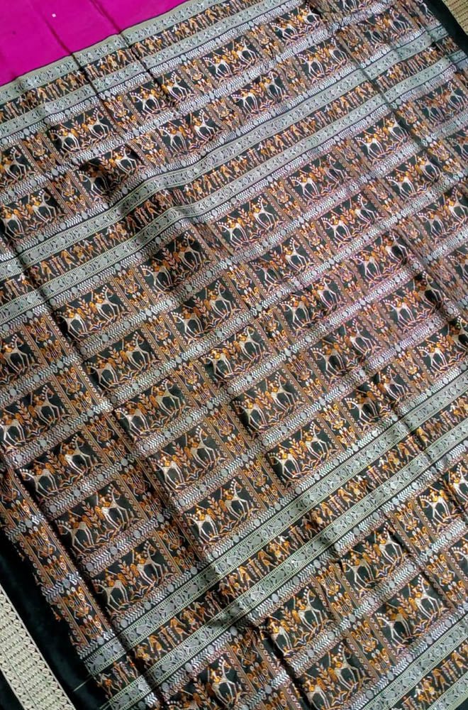 Pink Handloom Sambalpuri Double Ikat Silk Saree - Luxurion World