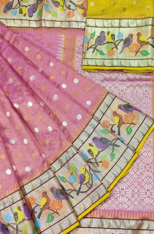 Pink Handloom Tissue Kota Doria Real Zari Paithani Border Saree - Luxurion World