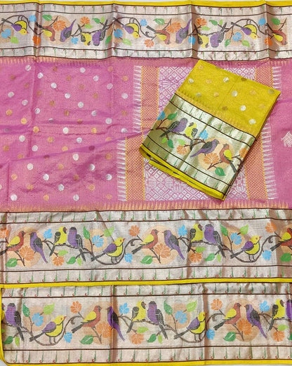 Pink Handloom Tissue Kota Doria Real Zari Paithani Border Saree - Luxurion World