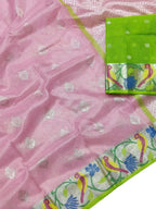 Pink Handloom Tissue Kota Doria Real Zari Saree - Luxurion World