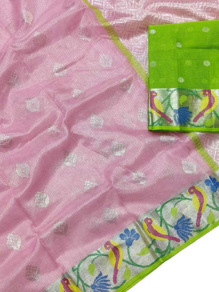 Pink Handloom Tissue Kota Doria Real Zari Saree - Luxurion World