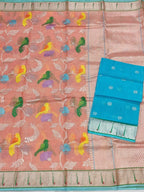 Pink Handloom Tissue Kota Doria Real Zari Saree - Luxurion World
