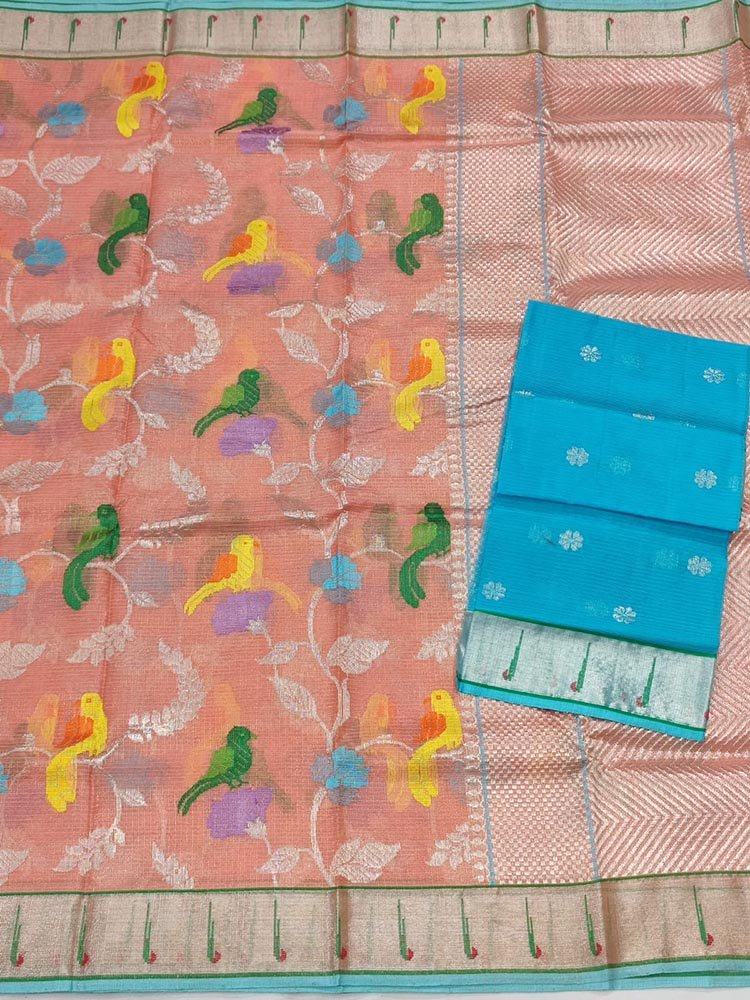 Pink Handloom Tissue Kota Doria Real Zari Saree - Luxurion World