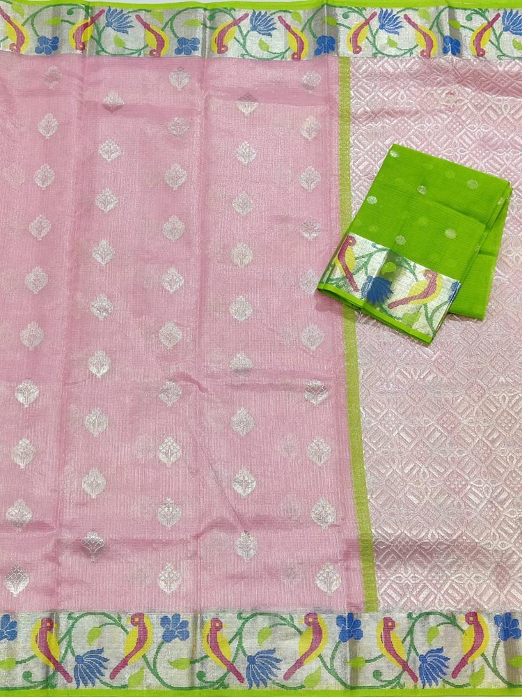 Pink Handloom Tissue Kota Doria Real Zari Saree - Luxurion World