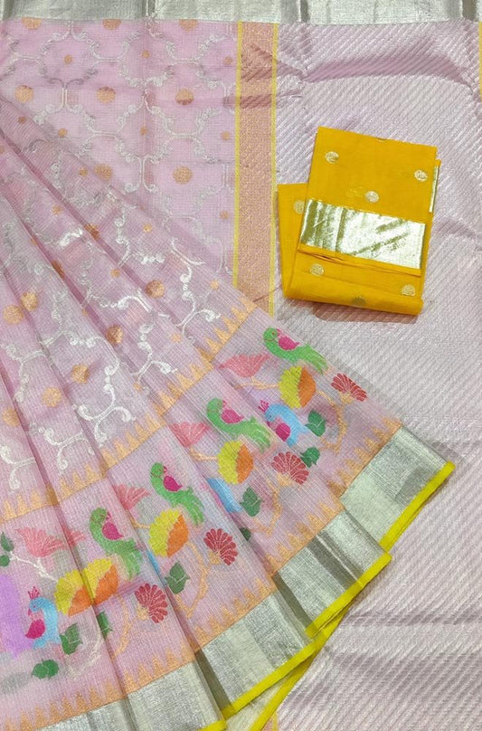Pink Handloom Tissue Kota Doria Real Zari Saree