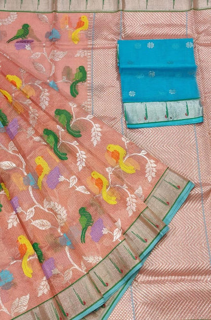 Pink Handloom Tissue Kota Doria Real Zari Saree - Luxurion World