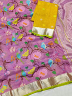 Pink Handloom Tissue Kota Doria Real Zari Saree - Luxurion World