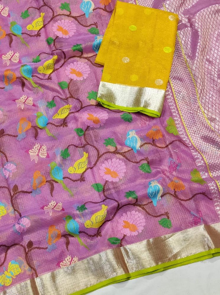 Pink Handloom Tissue Kota Doria Real Zari Saree - Luxurion World