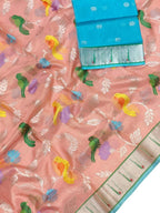 Pink Handloom Tissue Kota Doria Real Zari Saree - Luxurion World