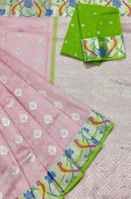 Pink Handloom Tissue Kota Doria Real Zari Saree - Luxurion World