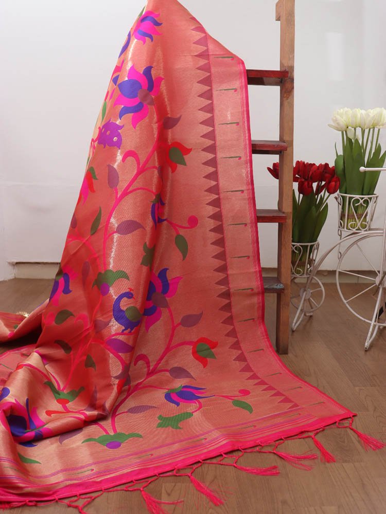Pink Paithani Brocade Silk Floral Design Muniya Border Dupatta - Luxurion World
