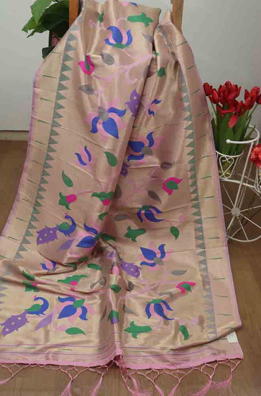 Pink Paithani Brocade Silk Floral Design Muniya Border Dupatta - Luxurion World