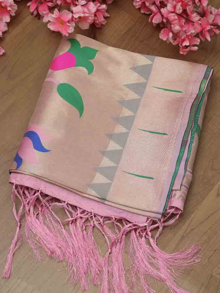 Pink Paithani Brocade Silk Floral Design Muniya Border Dupatta Luxurionworld