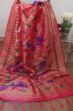 Pink Paithani Brocade Silk Floral Design Muniya Border Dupatta - Luxurion World