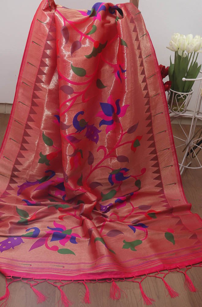 Pink Paithani Brocade Silk Floral Design Muniya Border Dupatta - Luxurion World