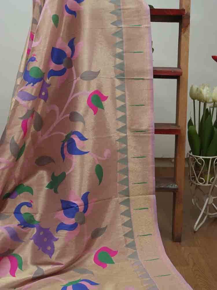 Pink Paithani Brocade Silk Floral Design Muniya Border Dupatta - Luxurion World