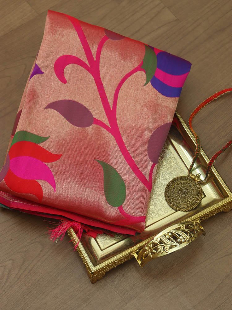 Pink Paithani Brocade Silk Floral Design Muniya Border Dupatta - Luxurion World