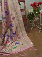 Pink Paithani Brocade Silk Floral Design Muniya Border Dupatta - Luxurion World