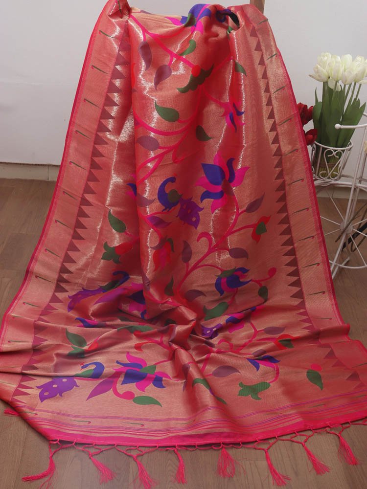 Pink Paithani Brocade Silk Floral Design Muniya Border Dupatta - Luxurion World