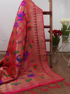 Pink Paithani Brocade Silk Floral Design Muniya Border Dupatta - Luxurion World