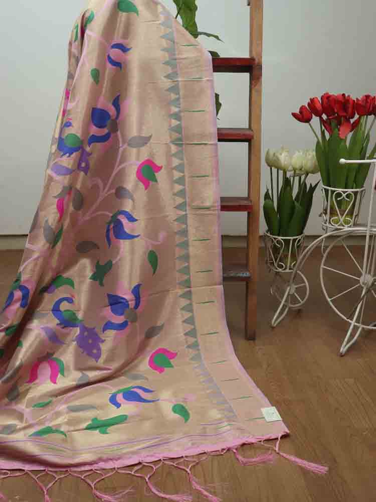 Pink Paithani Brocade Silk Floral Design Muniya Border Dupatta - Luxurion World