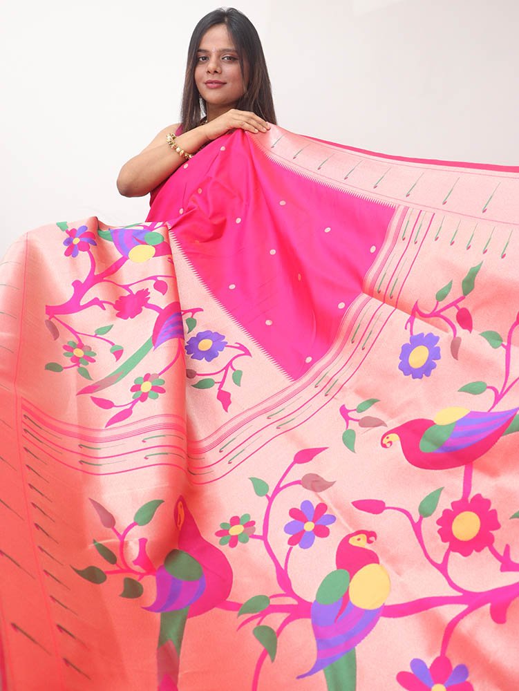 Pink Paithani Silk Flower And Bird Design Saree - Luxurion World