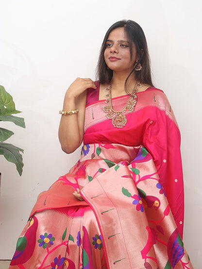 Pink Paithani Silk Flower And Bird Design Saree - Luxurion World