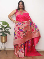 Pink Paithani Silk Flower And Bird Design Saree - Luxurion World