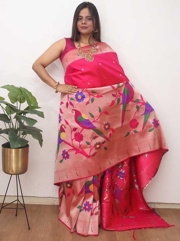 Pink Paithani Silk Flower And Bird Design Saree - Luxurion World