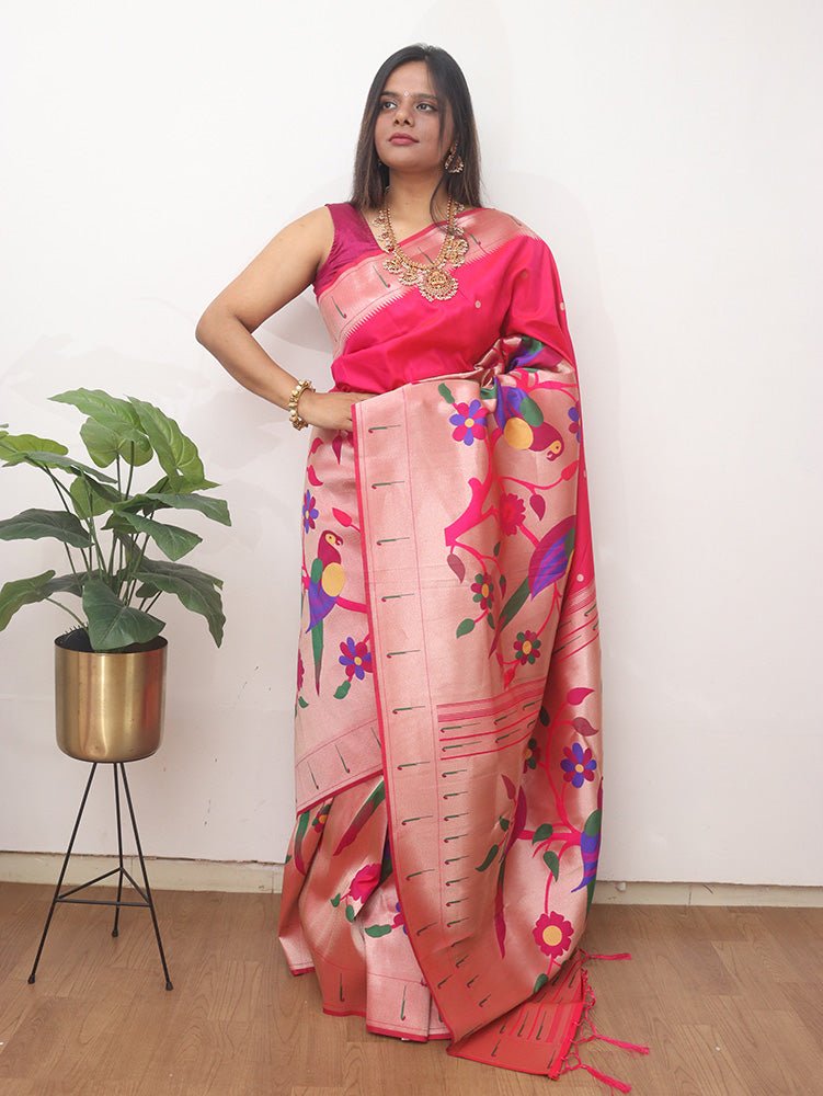 Pink Paithani Silk Flower And Bird Design Saree - Luxurion World