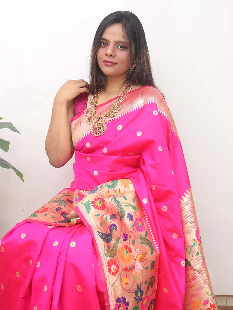 Pink Paithani Silk Flower And Bird Design Saree Luxurionworld