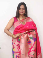 Pink Paithani Silk Flower And Bird Design Saree - Luxurion World