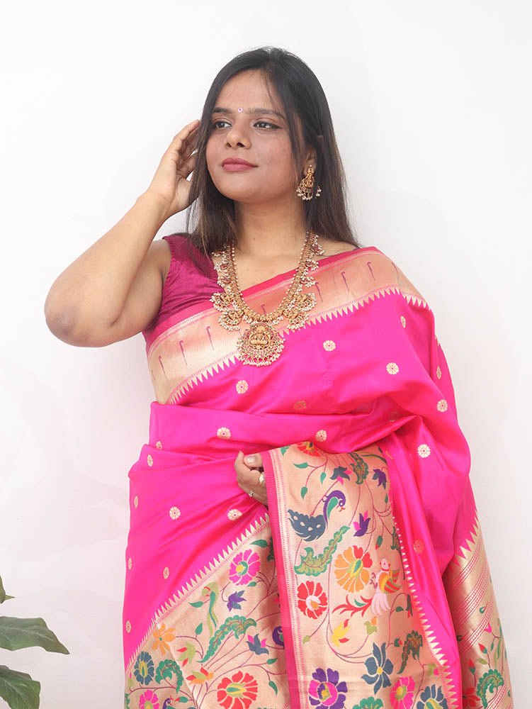 Pink Paithani Silk Flower And Bird Design Saree