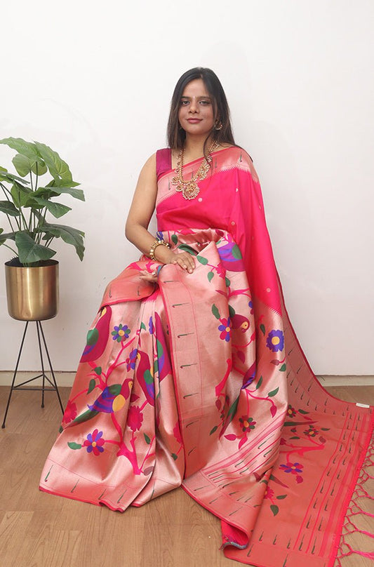 Pink Paithani Silk Flower And Bird Design Saree - Luxurion World